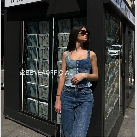 ZARA TRF PATCHWORK DENIM TOP - Picture 4 of 12